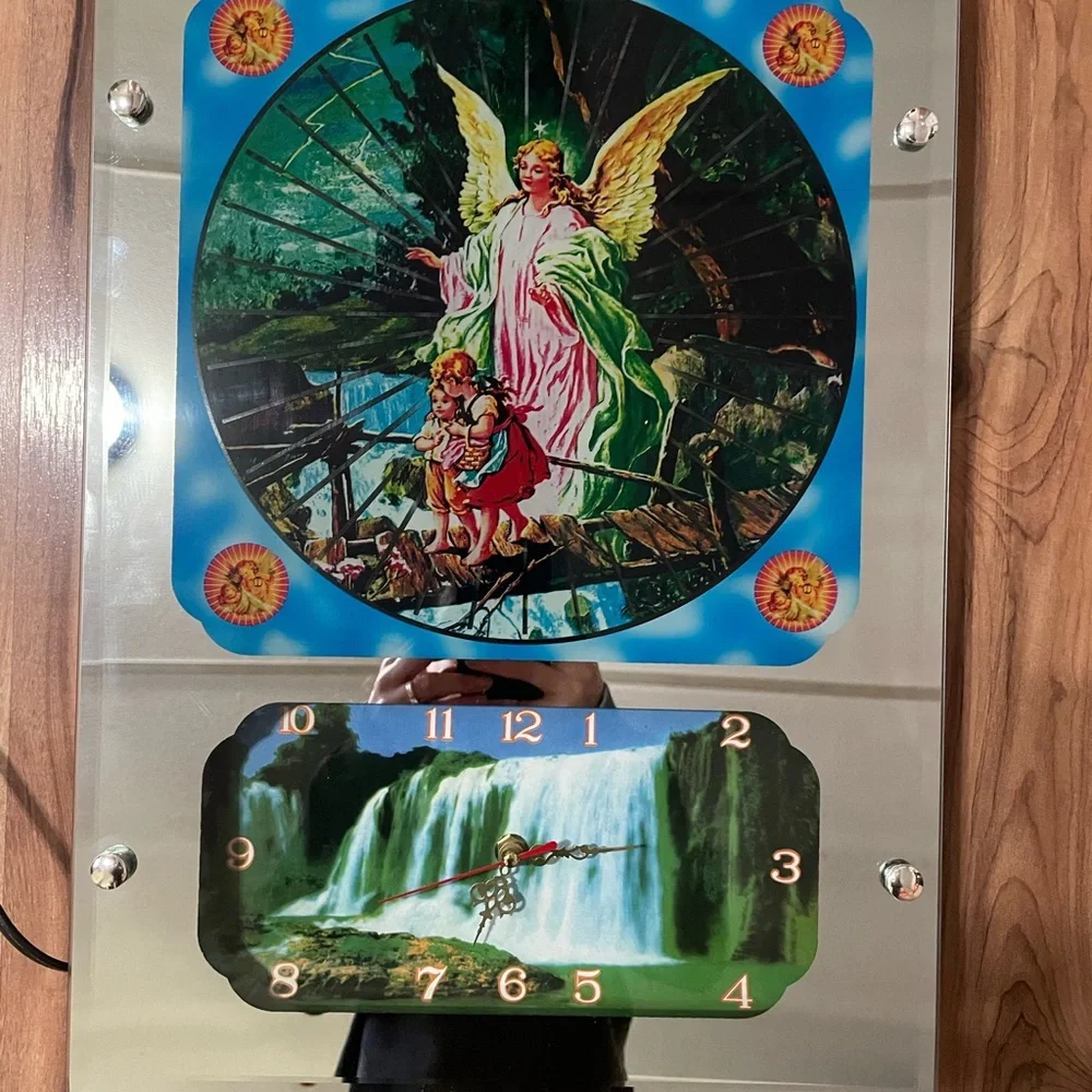 Vtg Mirrored Guardian Angel Wall Lamp w/Psychedelic Motion  Lights & Clock